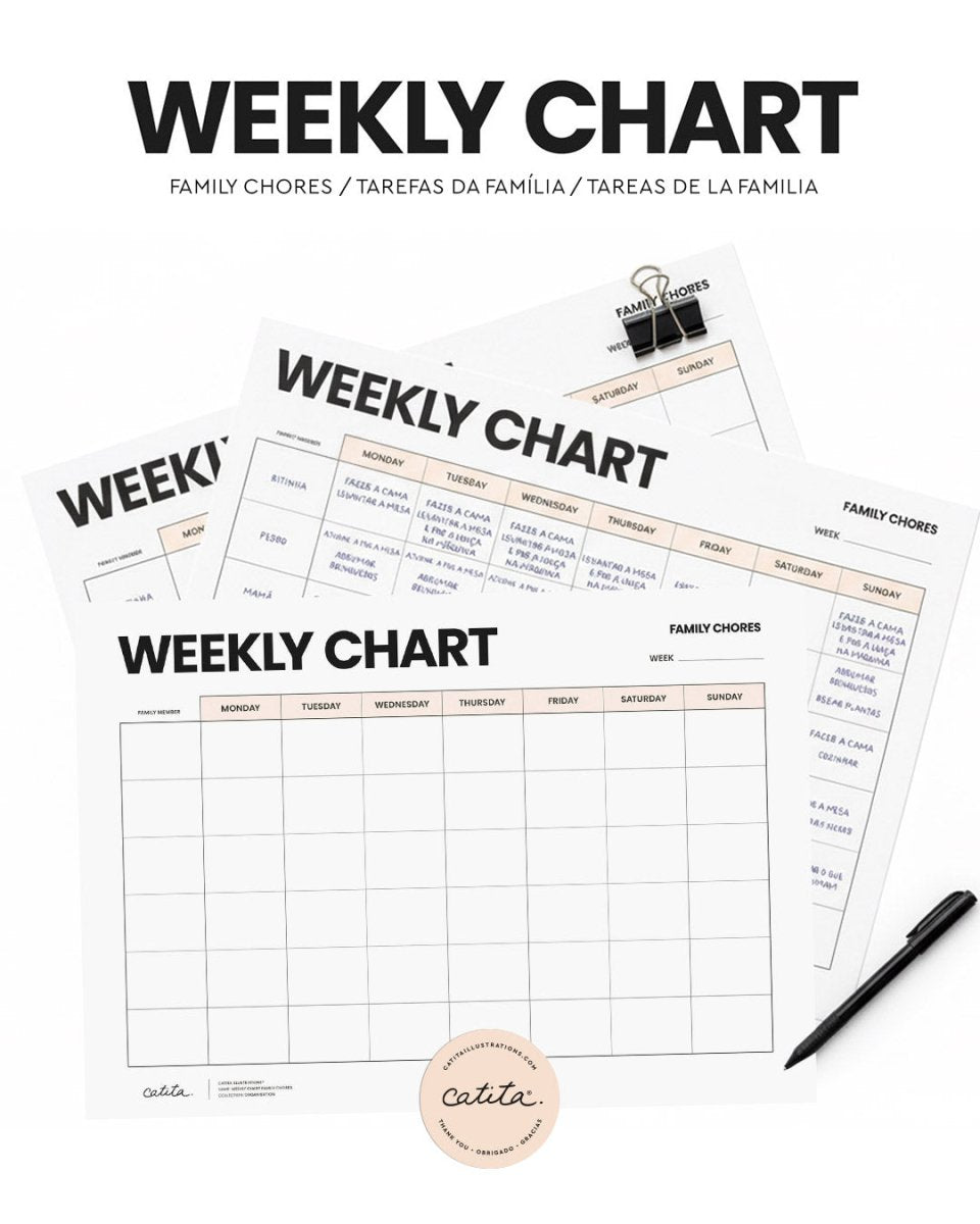 Gráfico Semanal Tarefas da Familia - Printables Catita illustrations